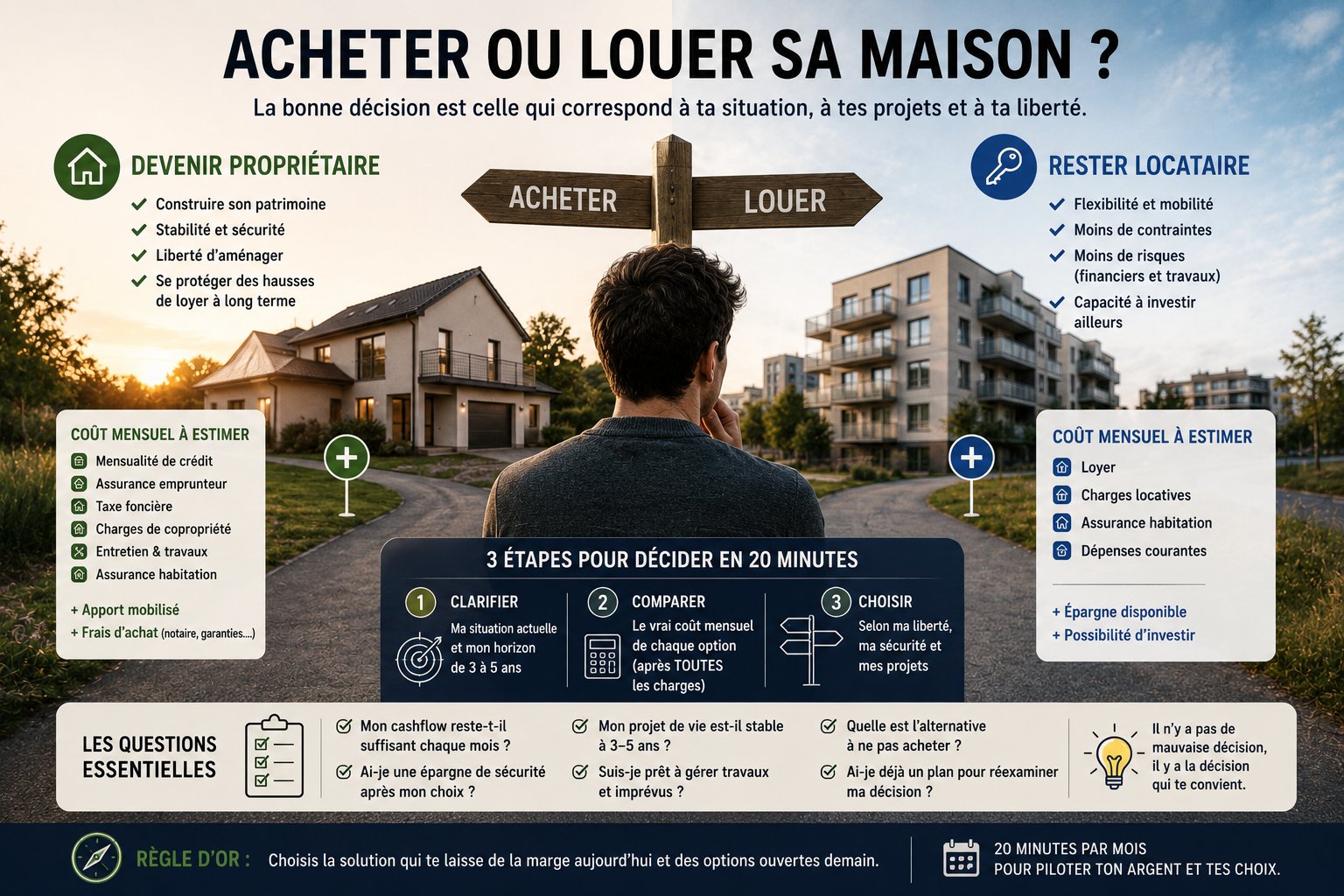 Une personne compare deux chemins, acheter une maison ou rester locataire, à partir de ses chiffres et de son projet de vie