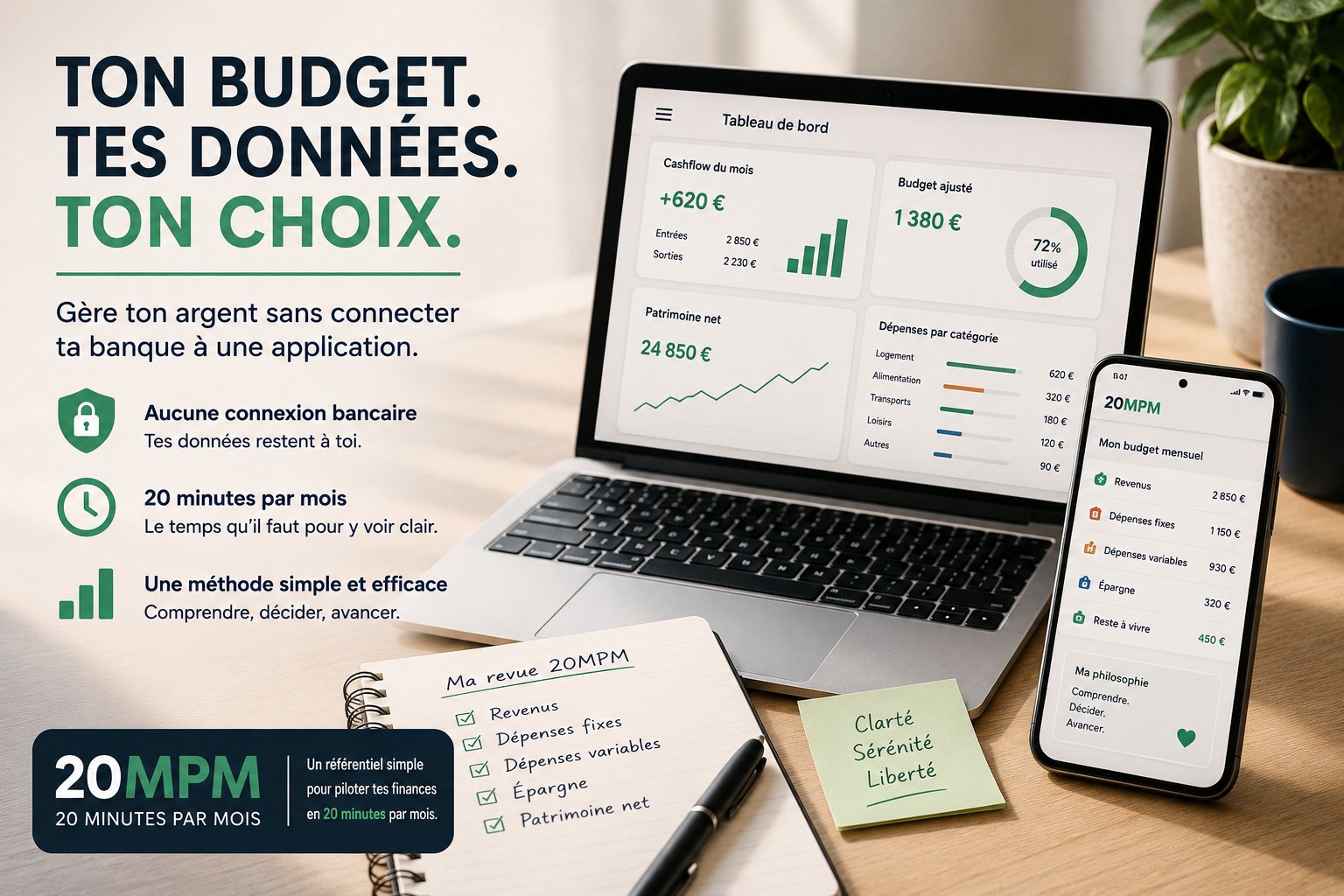 Une personne analyse son budget sur une application simple sans connexion bancaire automatique
