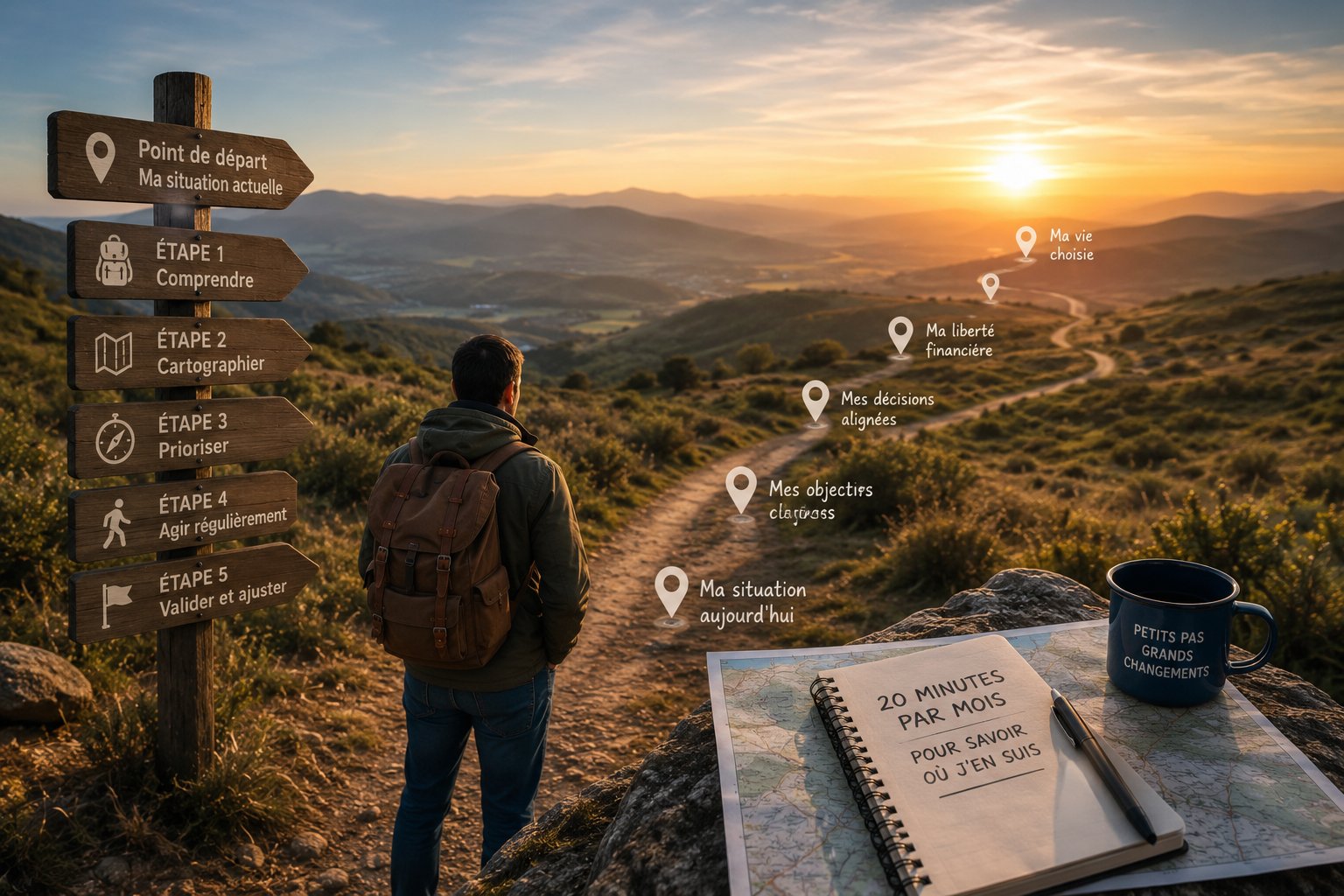 Une personne avançant sur un chemin symbolisant son parcours financier, avec une carte et plusieurs étapes visibles
