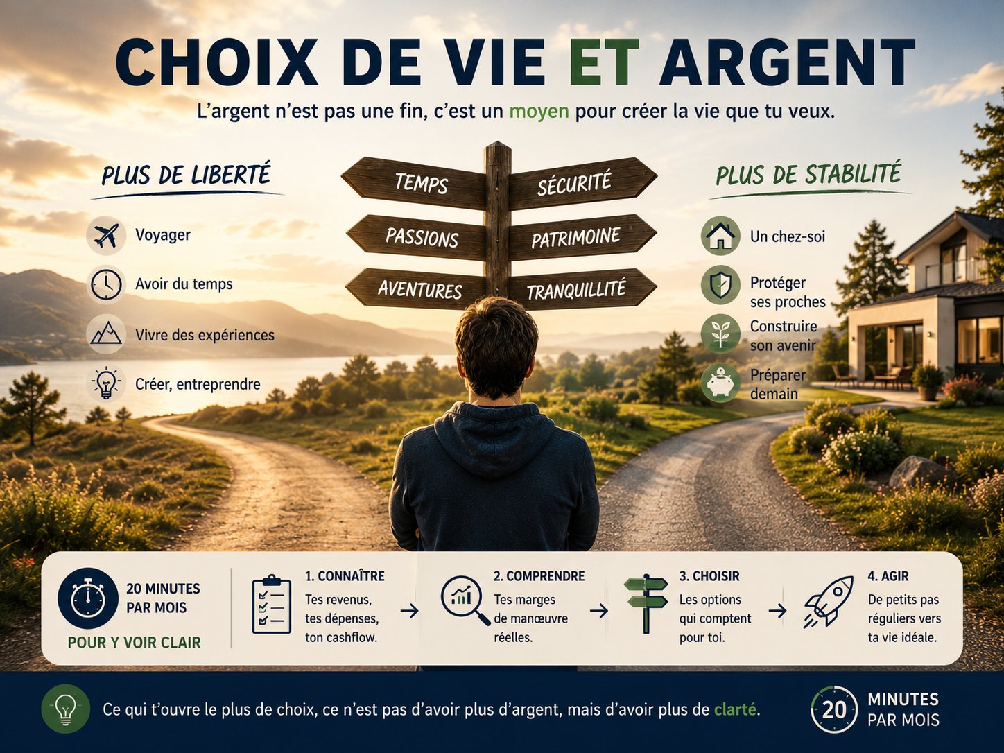 Une personne observe plusieurs chemins de vie possibles grâce à une vision claire de sa situation financière