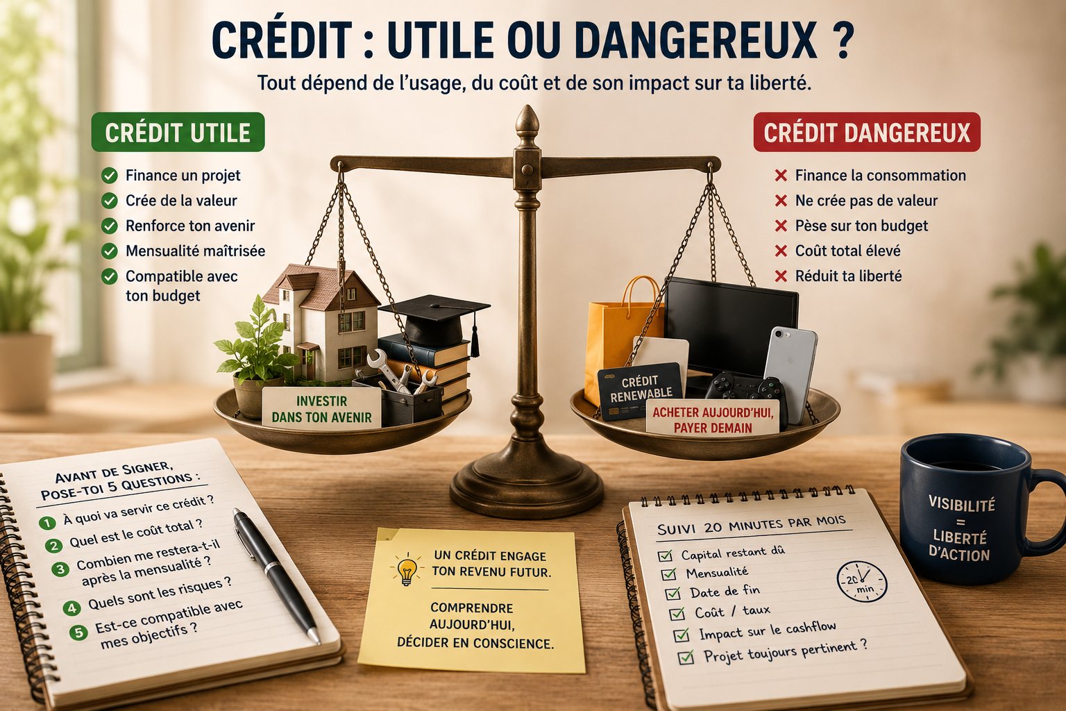 Une balance comparant un crédit utile qui finance un projet et un crédit dangereux qui alourdit les dettes