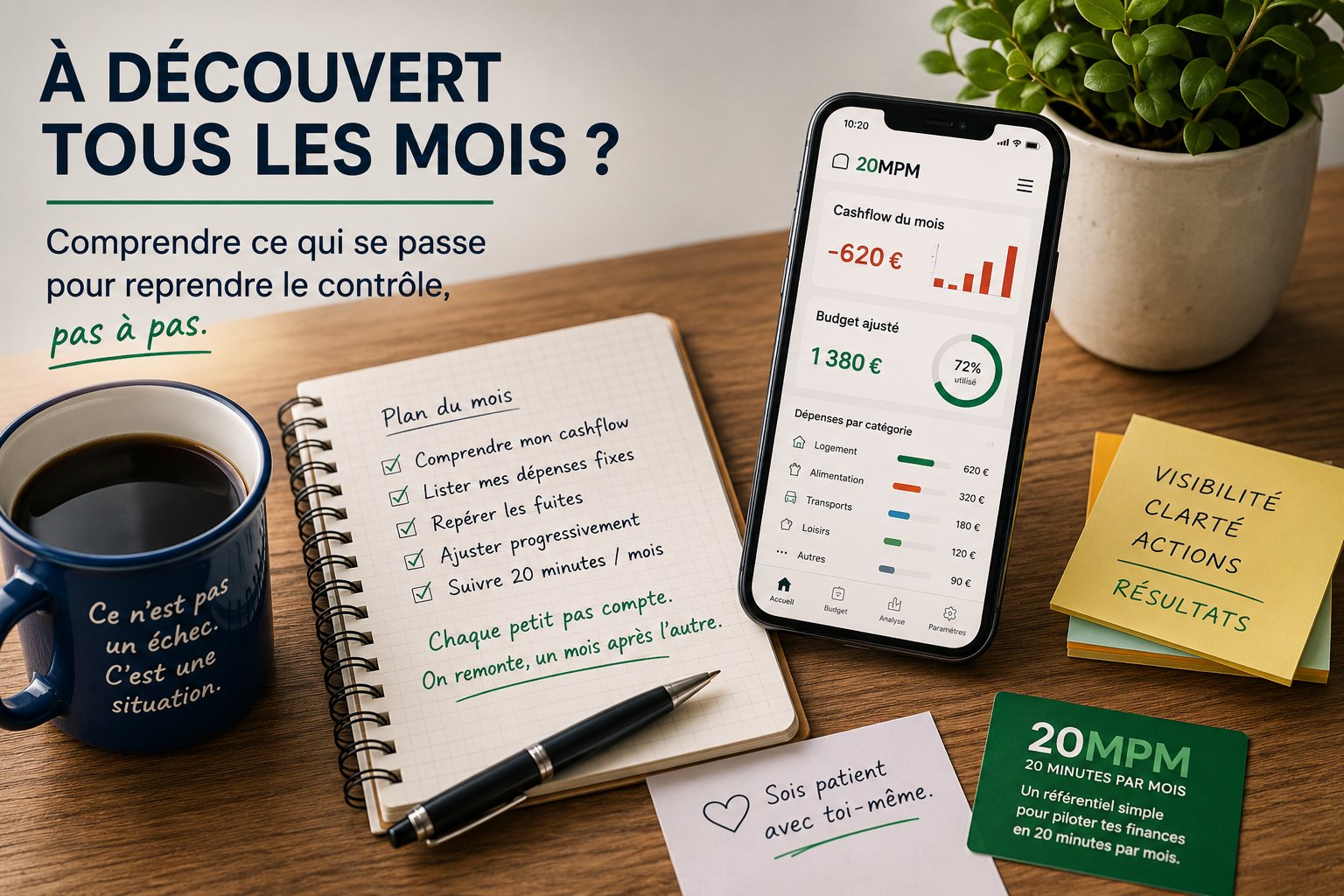 Une personne analyse son budget mensuel pour sortir progressivement du découvert bancaire