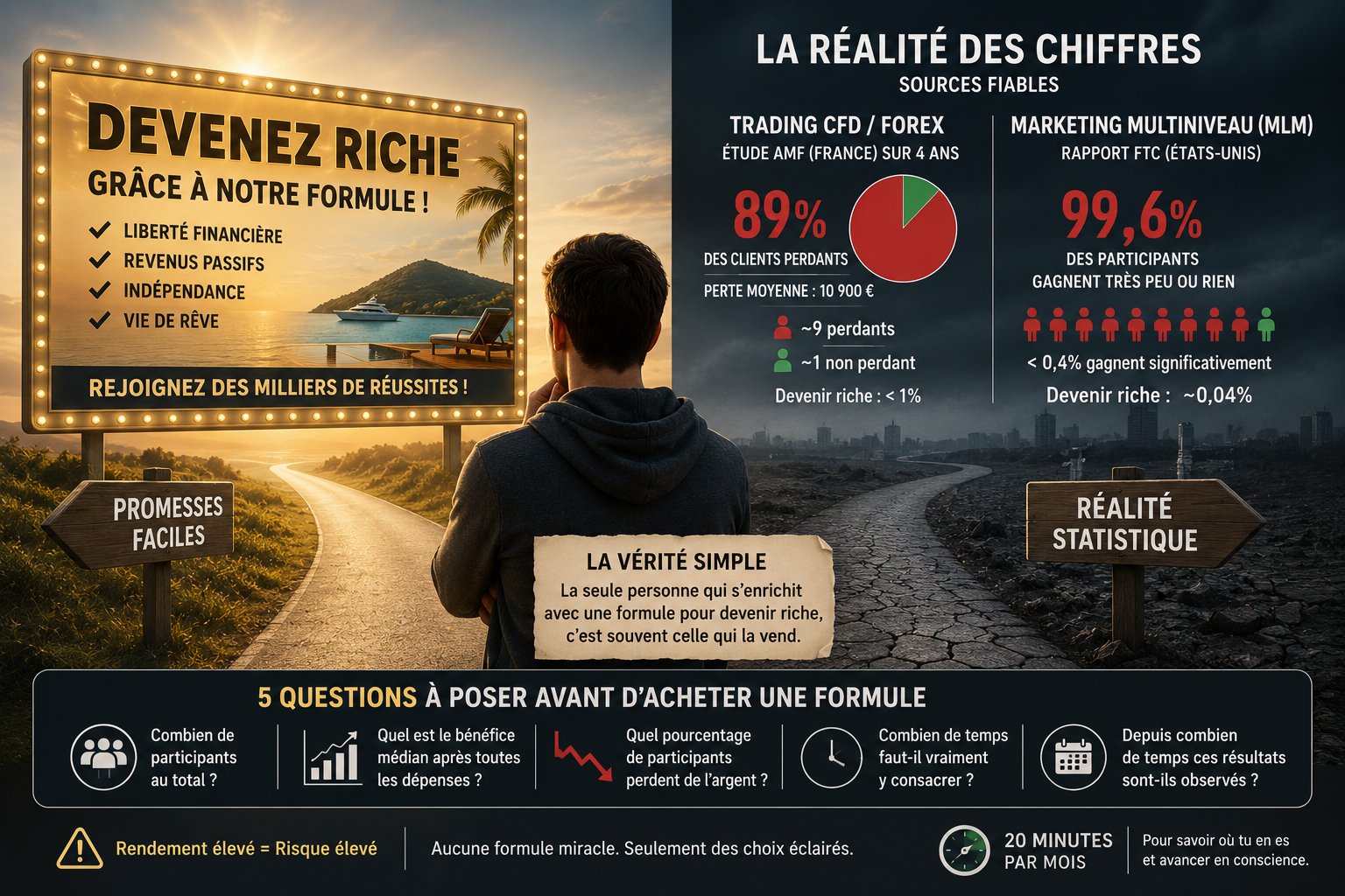 Une personne hésitant devant une promesse de richesse rapide, face à des statistiques montrant les pertes et les faibles chances de réussite