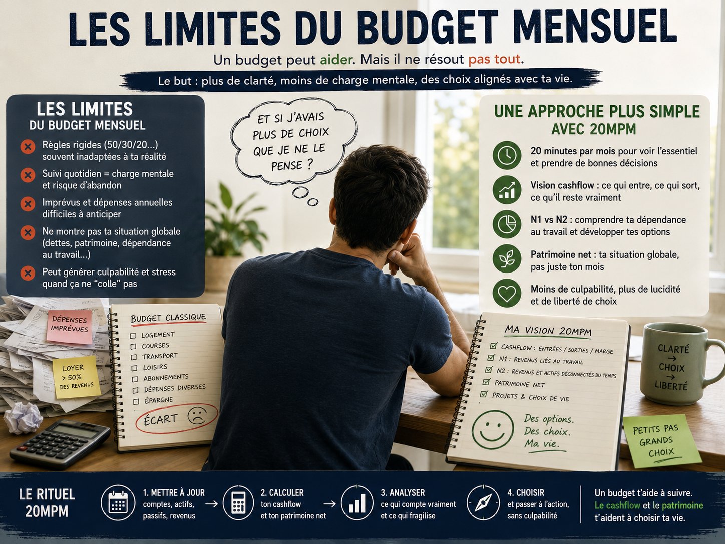 Une personne face à un budget mensuel trop rigide, comparé à une vision plus simple du cashflow, du patrimoine et des marges de manœuvre