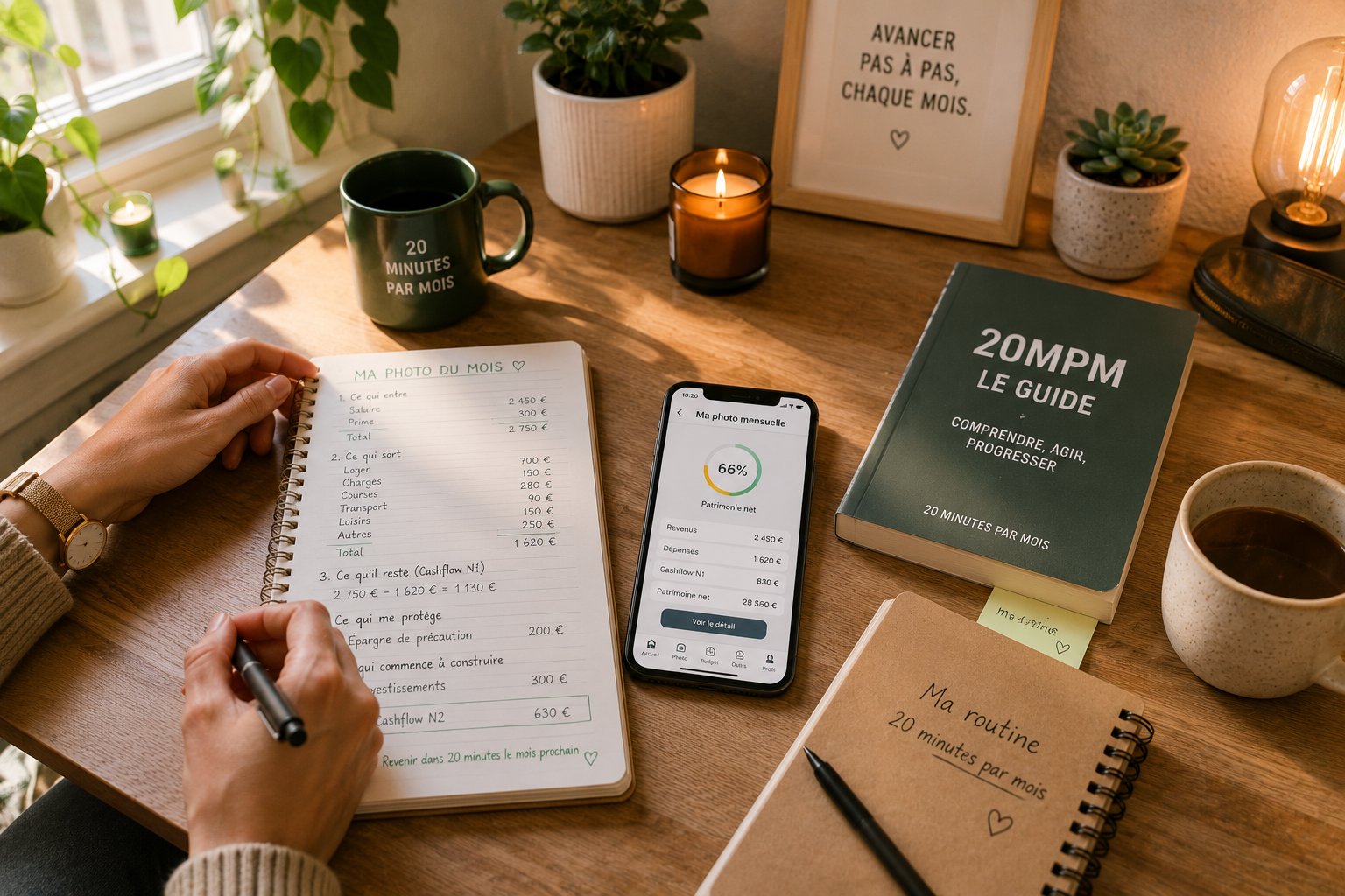 Premier budget posé sur une table avec carnet, téléphone et ordinateur