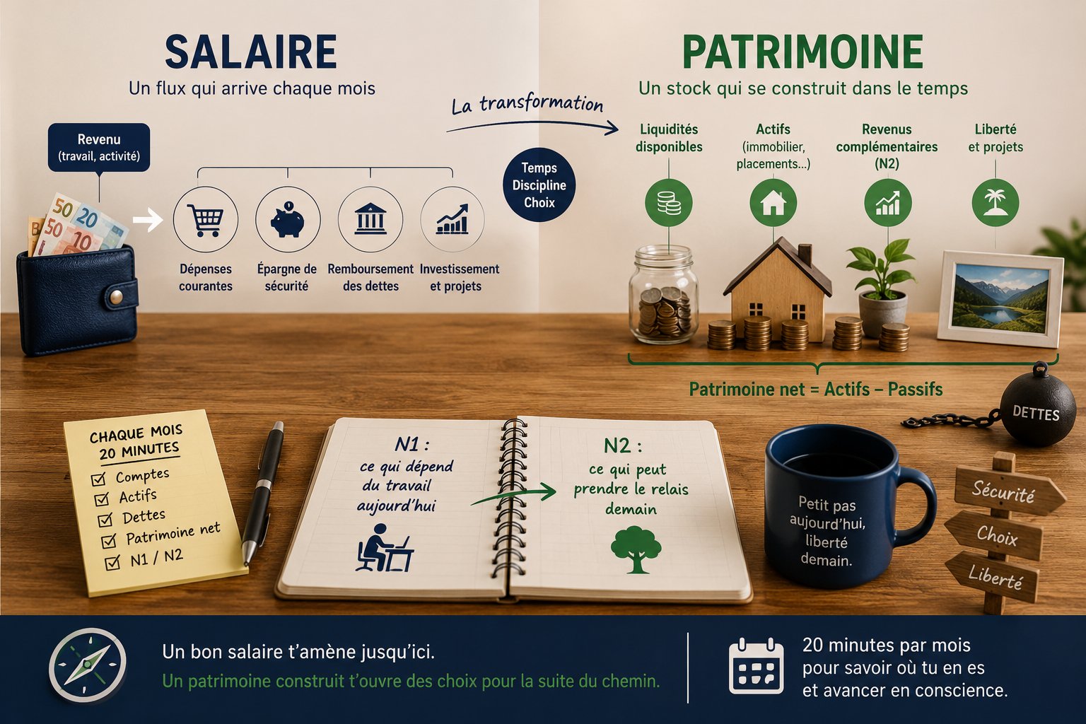 Un flux d’argent issu d’un salaire se répartissant entre dépenses, épargne, actifs et patrimoine